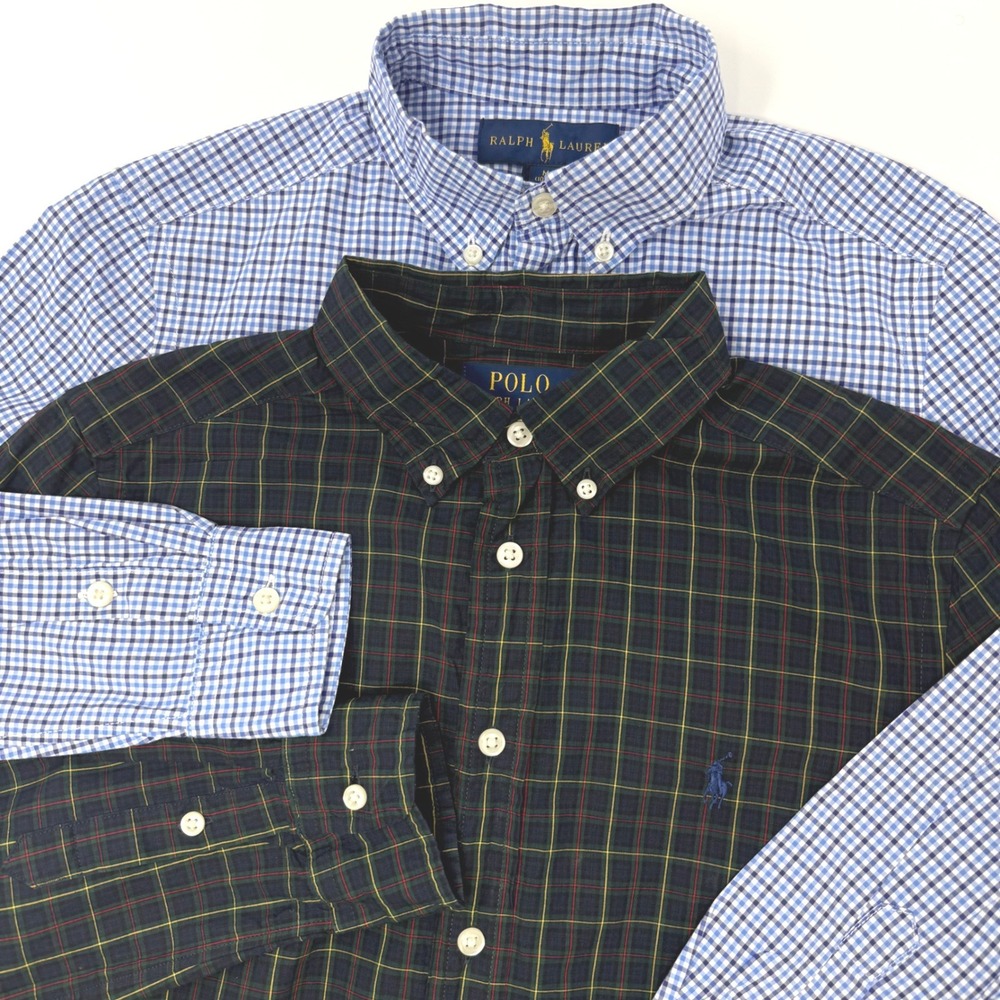 Ralph Lauren Lot of 2 Boy's Medium 10-12 Plaid and Gingham Button Down Shirts